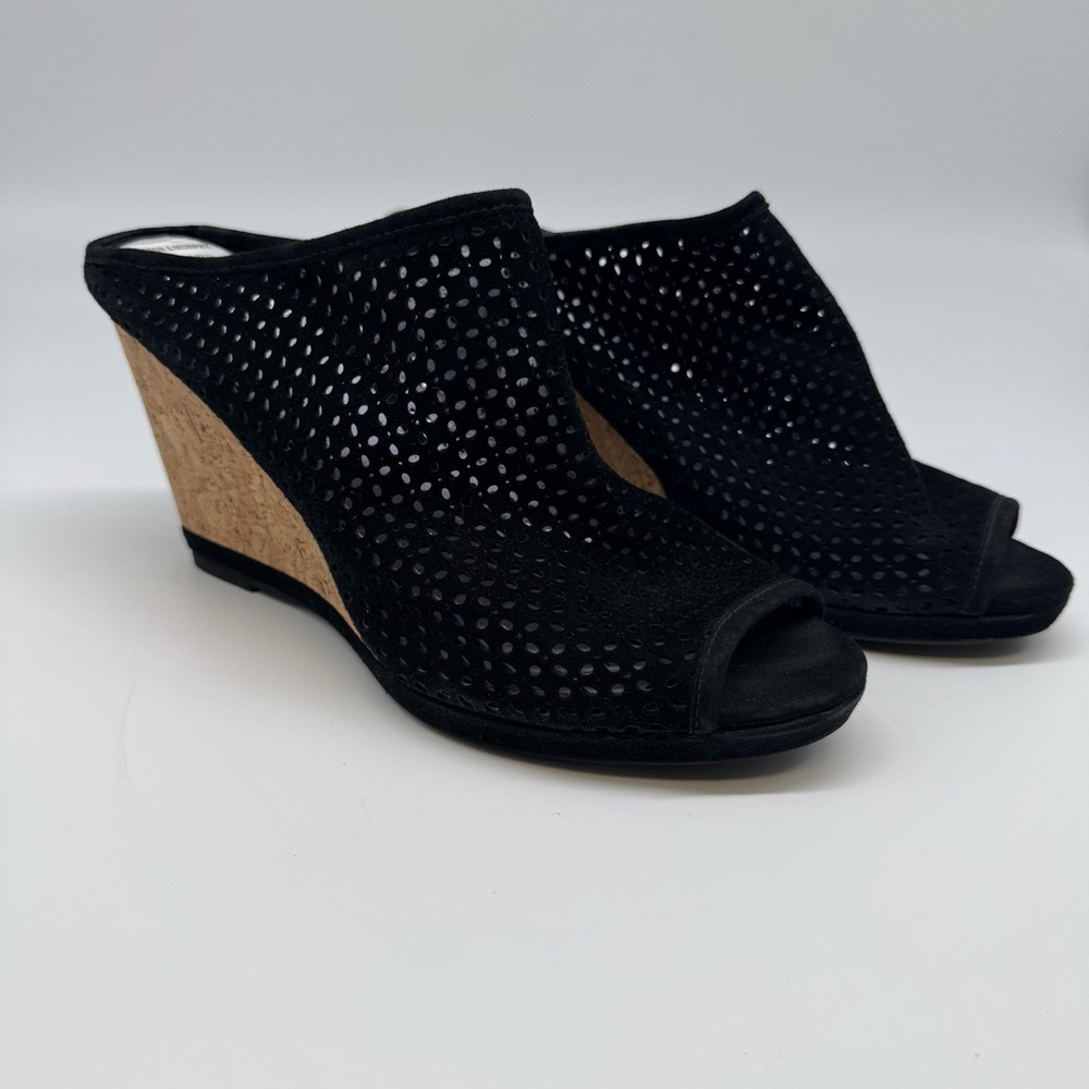 Johnston & Murphy Black Perforated Suede Cork Wedge Sandals new